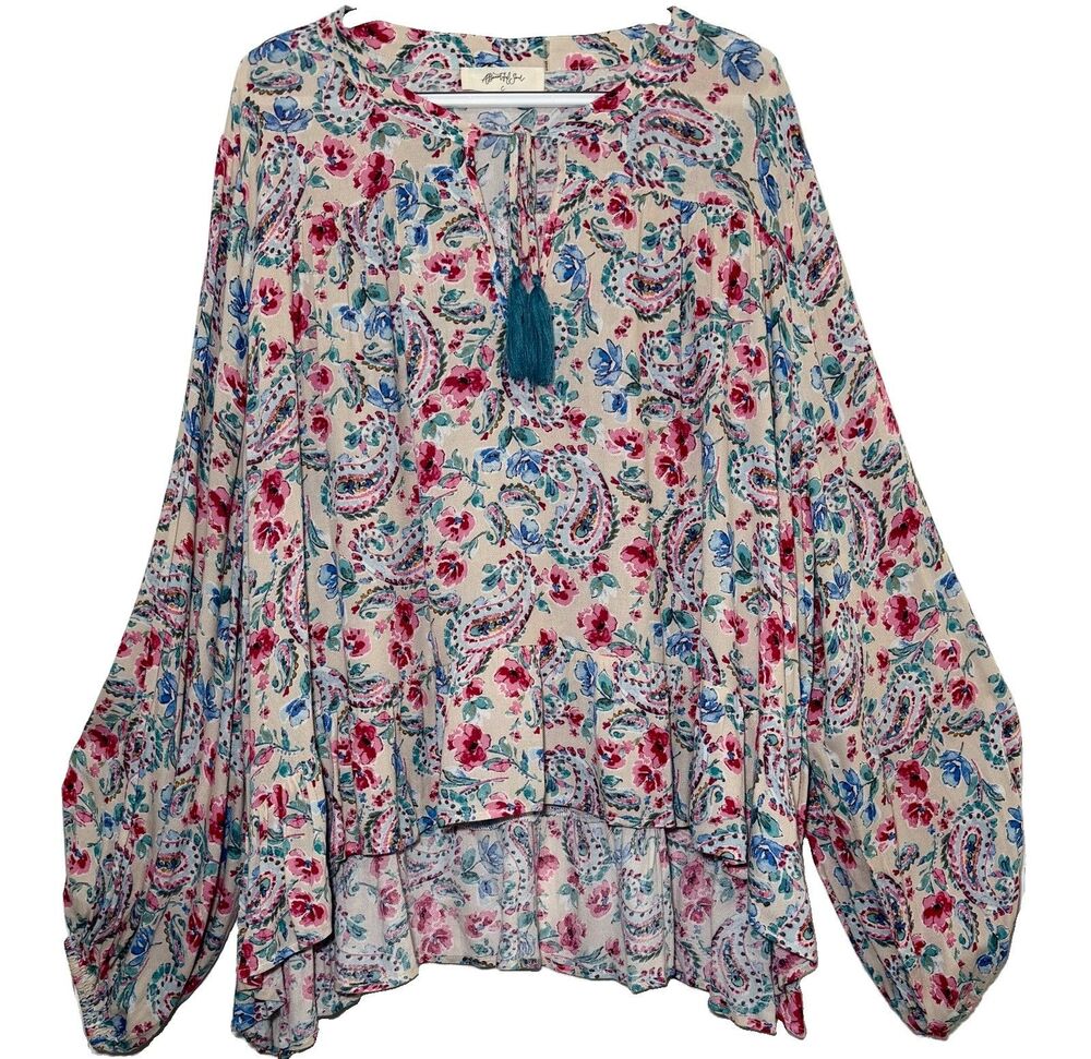 A Beautiful Soul 3X 22/24 Boho Paisley Floral Peasant Blouse Tassel Tie Rayon